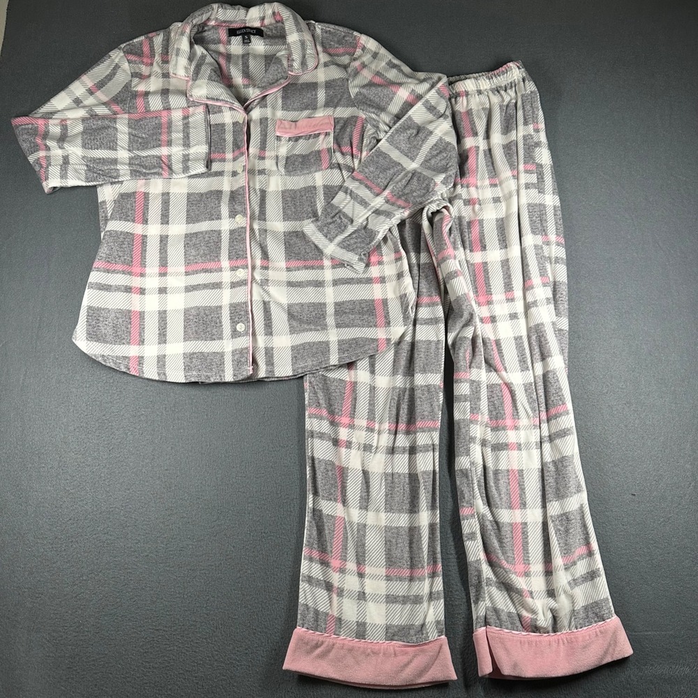 Ellen Tracy Pajama Set Womens Small Gray Pink Plaid Flannel Pajama Set Sleepwear